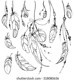 Set of ethnic feathers. Ethnic set in native style. Feathers and beads on white background. Vector decorative elements hippie