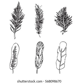 Set of Ethnic Feathers on a white background. Vintage Artistically hand drawn stylized tribal feathers. Doodle feather. Ink drawing. Coloring book. Black and White. Boho style. Stock vector.