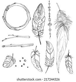 Set of ethnic feathers. Ethnic seamless pattern in native style.