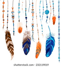 Set of ethnic feathers. Ethnic seamless pattern in native style. 