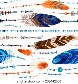 Set of ethnic feathers. Ethnic seamless pattern in native style.