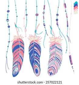 Set of ethnic feathers. Ethnic seamless pattern in native style. Pink color. Vector