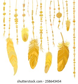 Set of ethnic feathers. Ethnic seamless pattern in native style. Bright colored feathers and beads on white background. Vector decorative elements hippie