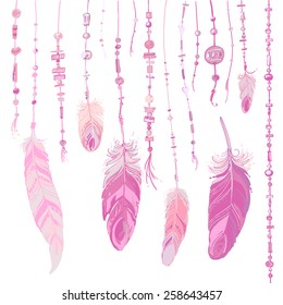 Set of ethnic feathers. Ethnic seamless pattern in native style. Bright colored feathers and beads on white background. Vector decorative elements hippie