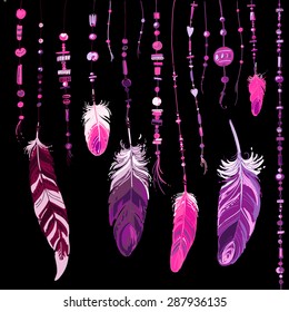 Set of ethnic feathers. Ethnic seamless pattern in native style. Bright colored feathers and beads on black background. Vector decorative elements hippie