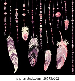 Set of ethnic feathers. Ethnic seamless pattern in native style. Bright colored feathers and beads on black background. Vector decorative elements hippie