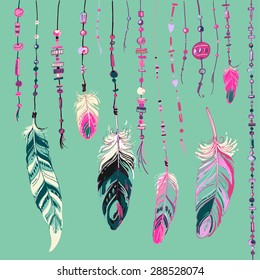 Set of ethnic feathers. Ethnic seamless pattern in native style. Bright colored feathers and beads on color background. Vector decorative elements hippie