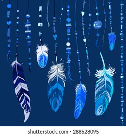 Set of ethnic feathers. Ethnic seamless pattern in native style. Bright colored feathers and beads on color background. Vector decorative elements hippie