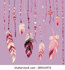 Set of ethnic feathers. Ethnic seamless pattern in native style. Bright colored feathers and beads on color background. Vector decorative elements hippie