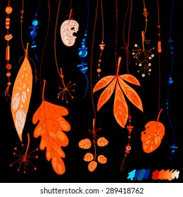Set of ethnic feathers. Ethnic seamless pattern in native style. Bright colored feathers and beads on black background. Vector decorative elements hippie