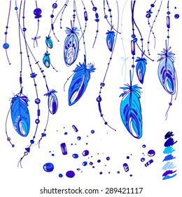 Set of ethnic feathers. Ethnic seamless pattern in native style. Bright colored feathers and beads on background. Vector decorative elements hippie
