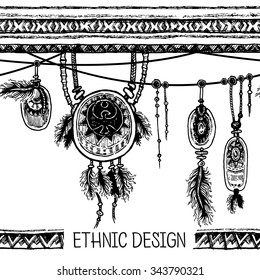 Set of ethnic feathers. Ethnic seamless pattern in native style. Borders with feathers and stripe with pendants