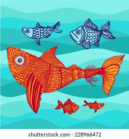  Set of ethnic fish design. Vector design for artwork. Cute little fishes.