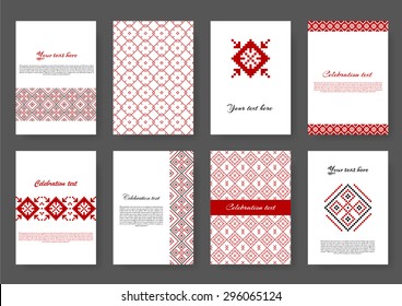 Set of ethnic flyers in geometric red, black embroidery design