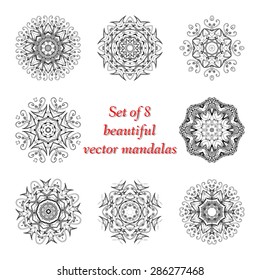 Set of Ethnic Fractal Mandala Vector Meditation Tattoo. Geometric circle element. Perfect set for any other kind of design, birthday and other holiday, kaleidoscope, medallion, yoga, india, arabic