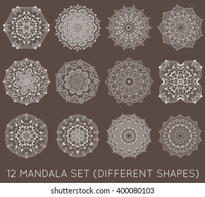 Set of Ethnic Fractal Mandala Vector Meditation Tattoo looks like Snowflake or Maya Aztec Pattern or Flower too Isolated on White