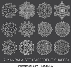 Set of Ethnic Fractal Mandala Vector Meditation Tattoo looks like Snowflake or Maya Aztec Pattern or Flower too Isolated on White