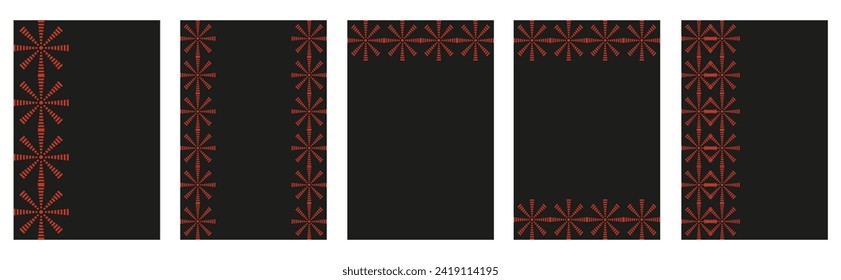 Establecer marco geométrico étnico con espacio de copia en estilo retro. Diseñar la plantilla de postales con el ornamento rojo Tradition Folk sobre fondo negro. La ilustración vectorial puede utilizar papel pintado, afiche e impresión. EPS 10
