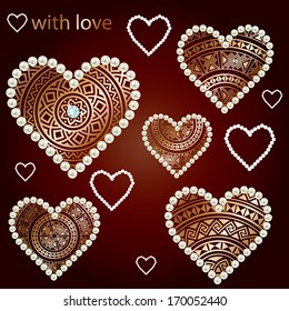 Set of ethnic golden hearts with pearls. Glamor collections isolated on dark red color background with text. vector illustrations.