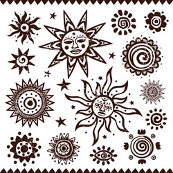 Set Of Ethnic Handmade Suns Isolated On A White Background