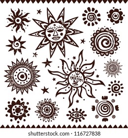 Set of ethnic handmade suns isolated on a white background