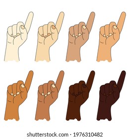 Set of ethnic hands with different skin colors. Hand gesture. Human Hand shows one index finger. gesture - number one or attention. Vector motley drawing