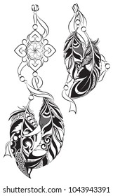Set of ethnic  hanging hand drawn feathers with boho pattern. Tribal doodle background. Ethnic set in native style. Feathers and beads on white background. Vector element for your creativity.