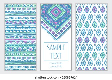 Set of ethnic hipster banners. Template. Vector colorful neon tribal Navajo cards. pastel fresh summer aztec geometric print. hand drawn