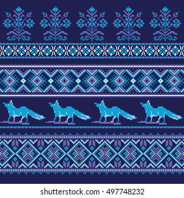 Set of Ethnic holiday ornament pattern in blue colors. Vector illustration. From collection of Balto-Slavic ornaments