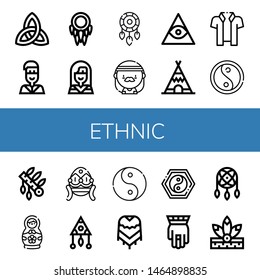 Set of ethnic icons such as Paganism, Native american, Dreamcatcher, Hippie, Freemasonry, Teepee, Hawaiian, Yin yang, Headdress, Matryoshka doll, Faberge, Ying yang, Poncho , ethnic