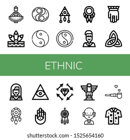 Set of ethnic icons. Such as Regional dance, Native american, Yin yang, Ying yang, Dreamcatcher, Hamsa, Paganism, Freemasonry, Boho, Totem, Hippie, Pipe of peace , ethnic icons