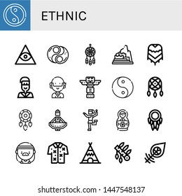 Set Of Ethnic Icons Such As Yin Yang, Freemasonry, Dreamcatcher, Machu Picchu, Poncho, Native American, Hippie, Totem, Ying Yang, Regional Dance, Traditional Dance, Matryoshka Doll , Ethnic