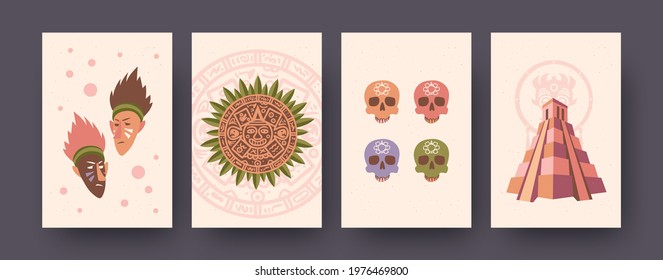 Set Of Ethnic Illustration Of Tribal Symbols In Pastel Colors. Colorful Skulls, Mayan Architecture And Calendar. Culture, Religion, History Concept For Banner, Poster Designs