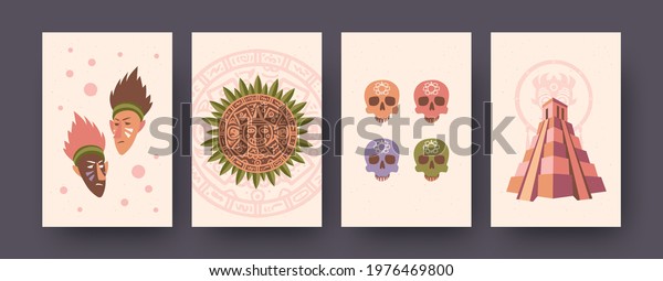 Set of ethnic\
illustration of tribal symbols in pastel colors. Colorful skulls,\
Mayan architecture and calendar. Culture, religion, history concept\
for banner, poster designs