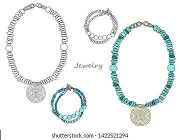 Set of ethnic jewelry made of natural turquoise stone. Necklace and bracelet. Picture in color and black and white graphics. Vector