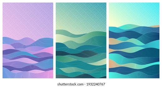 Set of ethnic landscapes. Japanese background with line wave pattern vector. Sunset, sunrise in the mountains. Abstract template with geometric pattern. Mountain layout design in oriental style.