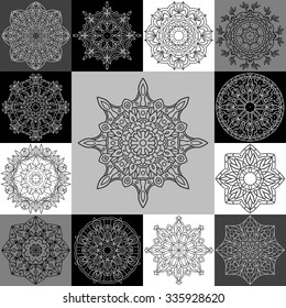 Set ethnic mandala. Thirteen vector circular patterns. It can be used in web design, on postcards, on the packaging, on clothing.