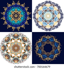 Set of ethnic mandalas of blue and gold. Vintage decorative elements.  Islam, Arabic, Indian, ottoman motifs. Vector illustration.