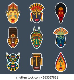 Set of ethnic masks stickers in flat style. Collection of african tribal mask icons.