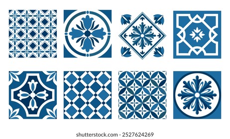 Um conjunto de azulejos azuis mediterrânicos étnicos. Ladrilhos de cerâmica com padrão estilizado italiano. Clipart vetorial ilustrado. 
