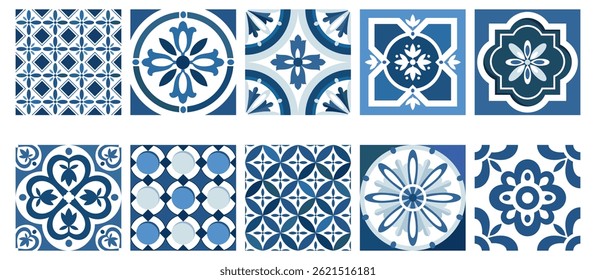 A set of ethnic Mediterranean blue tiles. Ceramic tiles with an Italian stylized pattern. Illustrated vector clipart. Hand draw no ai.