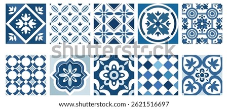 A set of ethnic Mediterranean blue tiles. Ceramic tiles with an Italian stylized pattern. Illustrated vector clipart. Hand draw no ai.