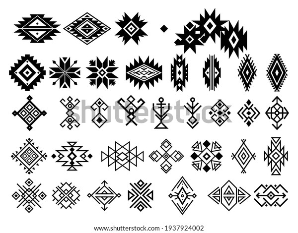 Set of ethnic motif. Collection of\
geometric ethnic elements. Ethnic ornaments. Aztec signs. Vector\
illustration in boho style on a white\
background.