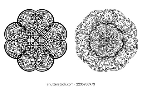 Set Ethnic motif mandala, boho ornament isolated on white background. Anti-stress therapy patterns. Weave design elements. Yoga