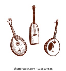 Set of ethnic musical instruments. Hand draw. Sketch.