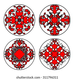Set of ethnic oriental patterns in circle. Symmetric decorative floral filigree motifs in red, black and white, vector eps10