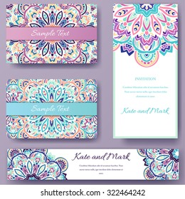 Set of ethnic ornament banners and flyer concept. Vintage art traditional, Islam, arabic, indian, ottoman motifs, elements. Vector decorative retro greeting card or invitation design illustration.