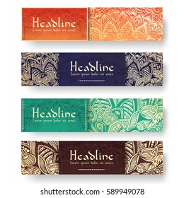 Set of ethnic ornament banners and flyer concept. Vintage art traditional, Islam, arabic, indian, ottoman motifs, elements. Vector decorative retro greeting card or invitation design illustration.