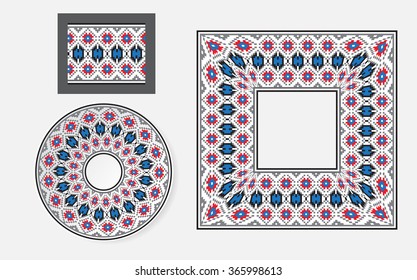 Set of Ethnic ornament pattern brushes and examples of use . Vector illustration. From collection of Balto-Slavic ornaments