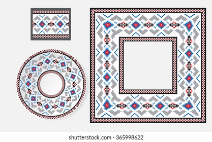 Set of Ethnic ornament pattern brushes and examples of use . Vector illustration. From collection of Balto-Slavic ornaments